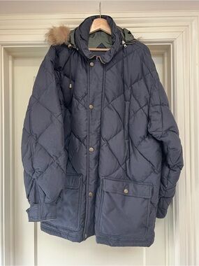 Men's Vintage Quilted Puffer Parka with Coyote Fur Trimmed Hood - Black